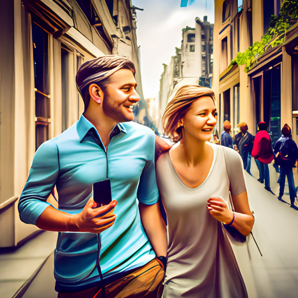 A couples walking in street hearing song in ear phone