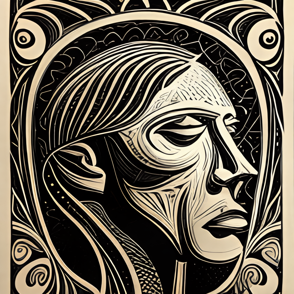 style - linocut. The magician's face in profile. high detail.