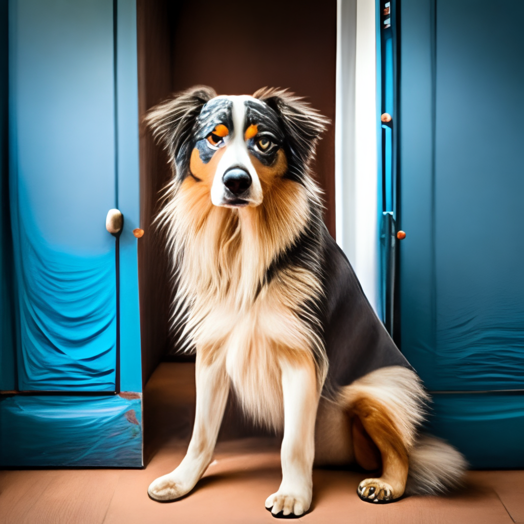 a dog next to a door with blue eyes
