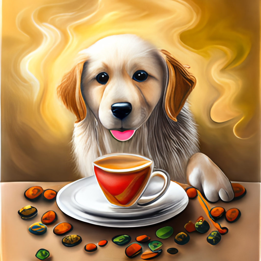 a Golden Retriever puppy drinking a latte with heart-shaped art, painted in watercolor