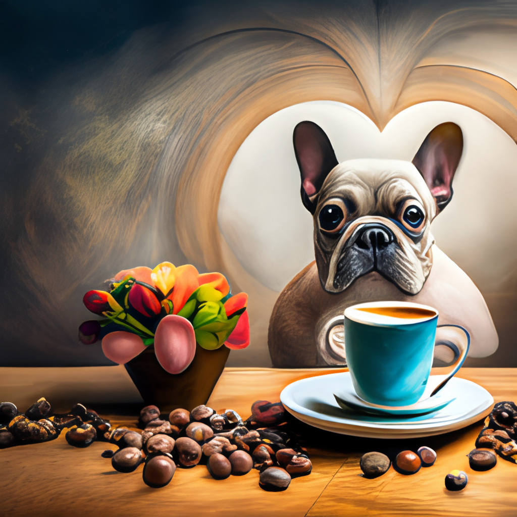 a French Bulldog puppy drinking a latte with heart-shaped art, painted in oil