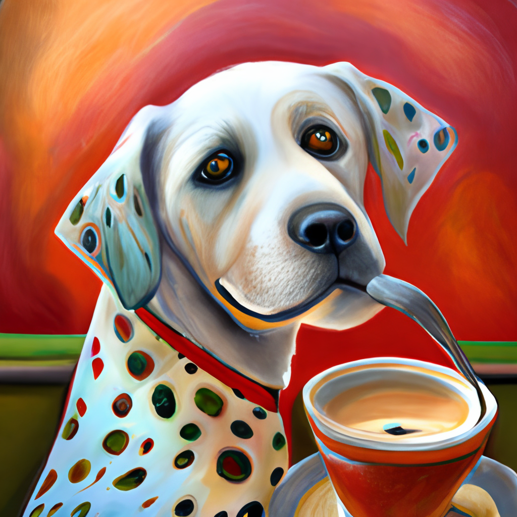 a Dalmatian puppy drinking a latte with heart-shaped art, painted in pastel