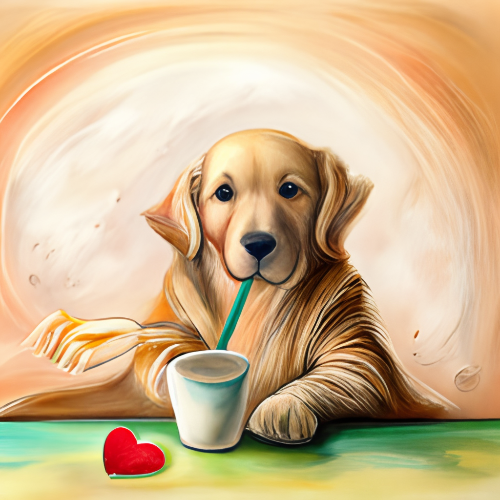 a Golden Retriever puppy drinking a latte with a straw with a heart-shaped art, painted in watercolor