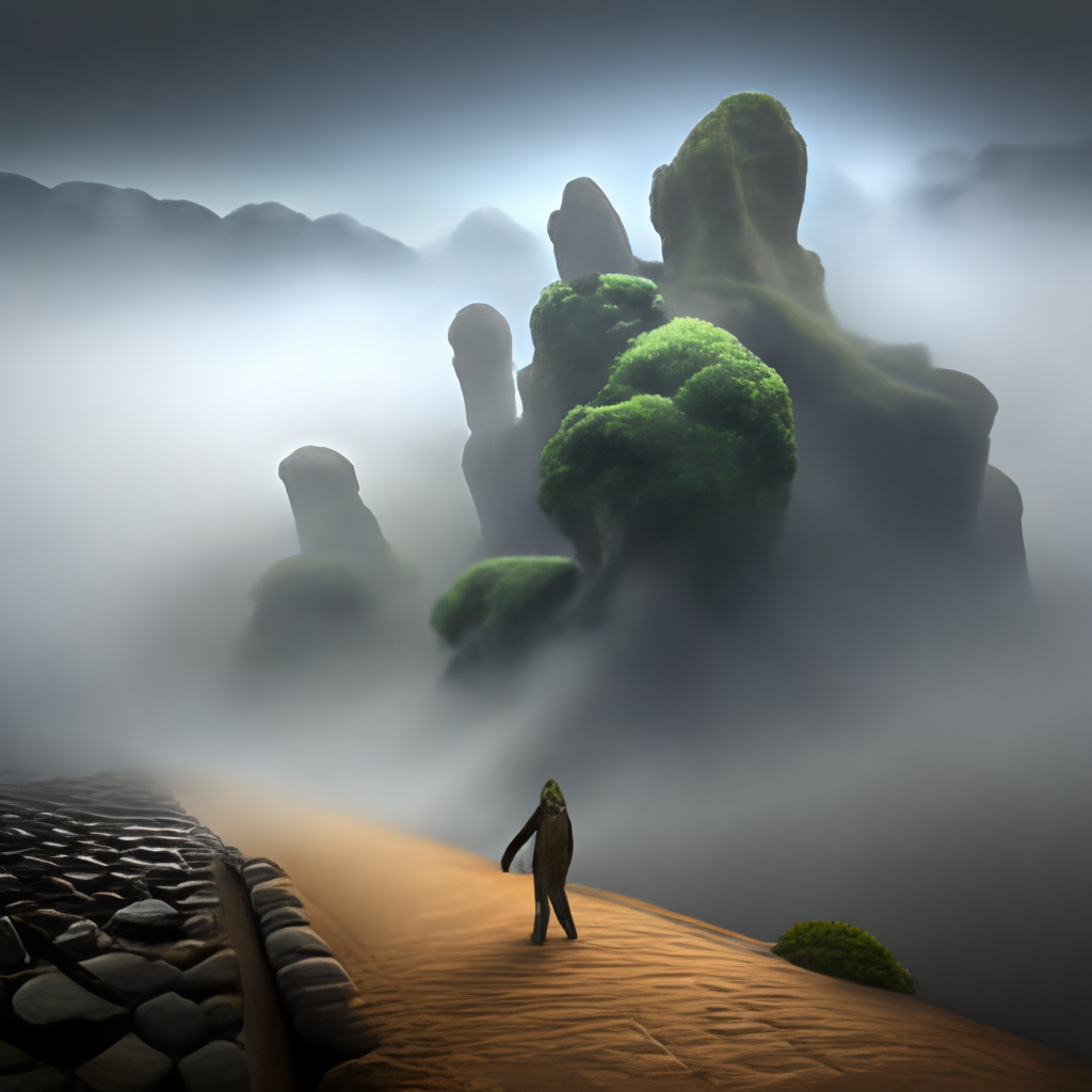 giant traveling through foggy mountains