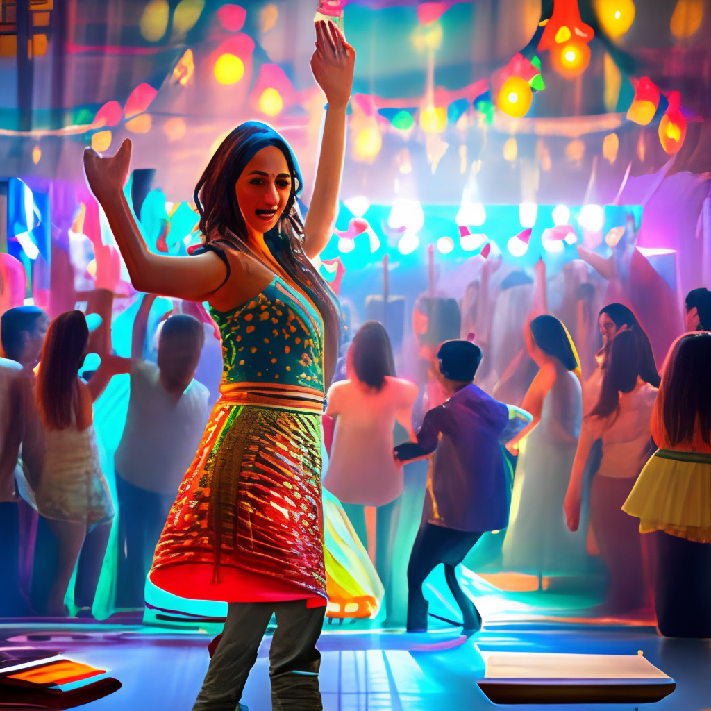 a Bollywood actress dancing to a lively song, surrounded by colorful lights and a vibrant crowd