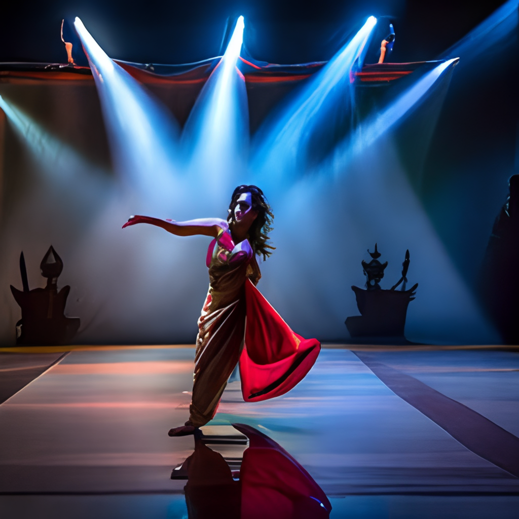 a Bollywood dancer in a red saree, performing a solo dance on a stage with a spotlight shining on her