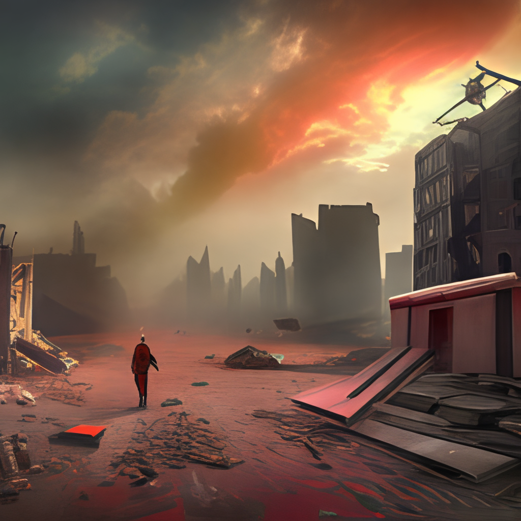 a post-apocalyptic scene with a red sky and destroyed buildings