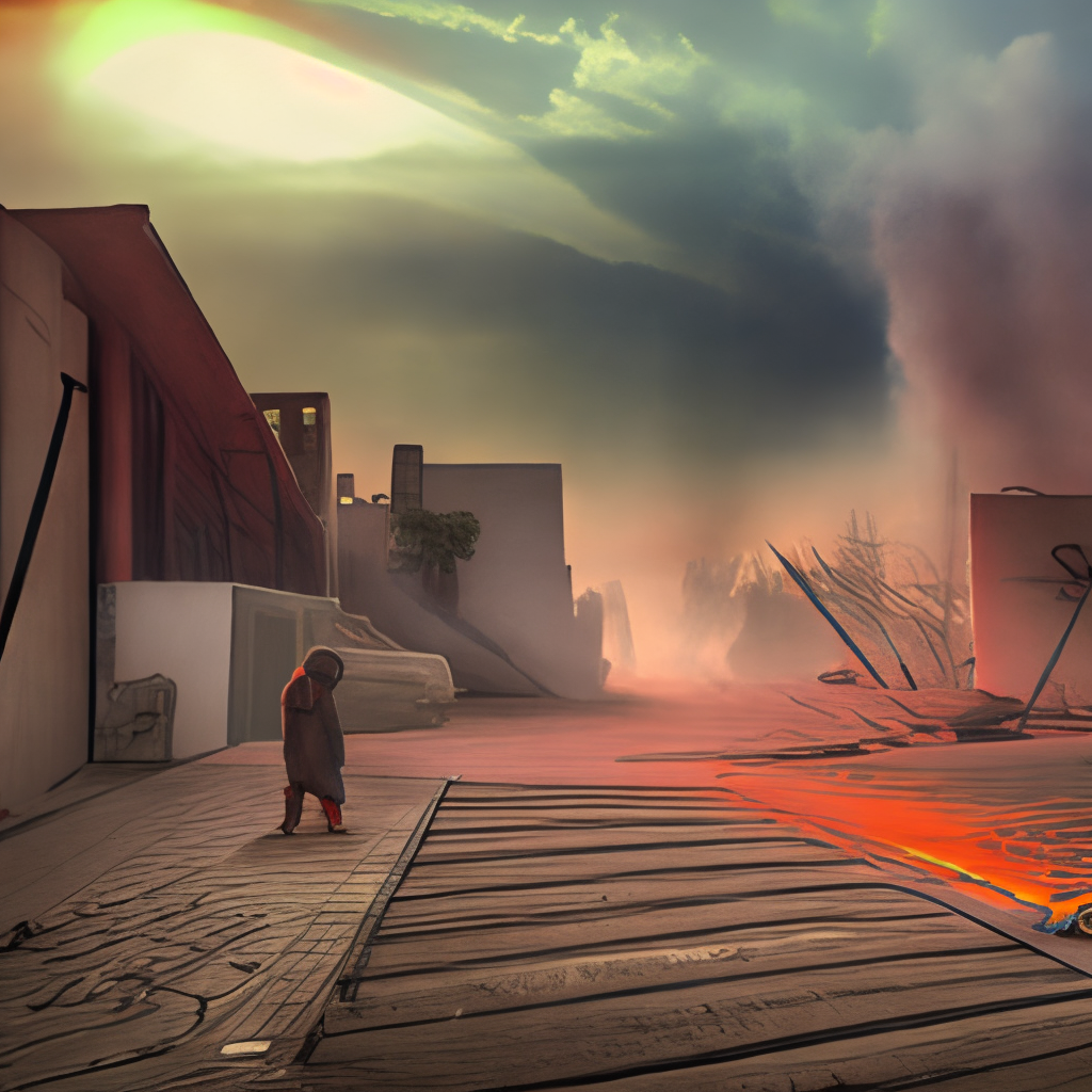 a post-apocalyptic scene with a red sky and destroyed buildings, with smoke and fire in the background