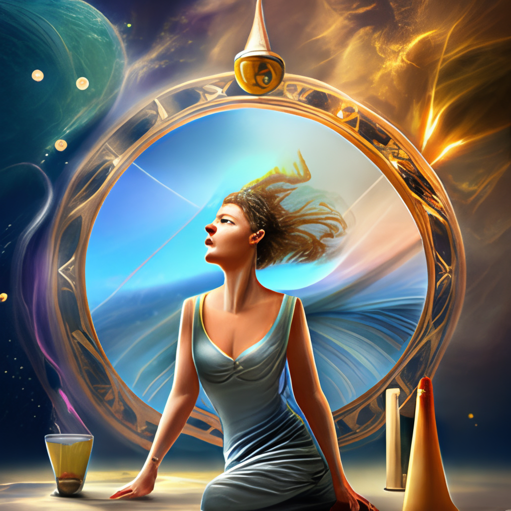 Greek goddess with an hourglass and the universe inside