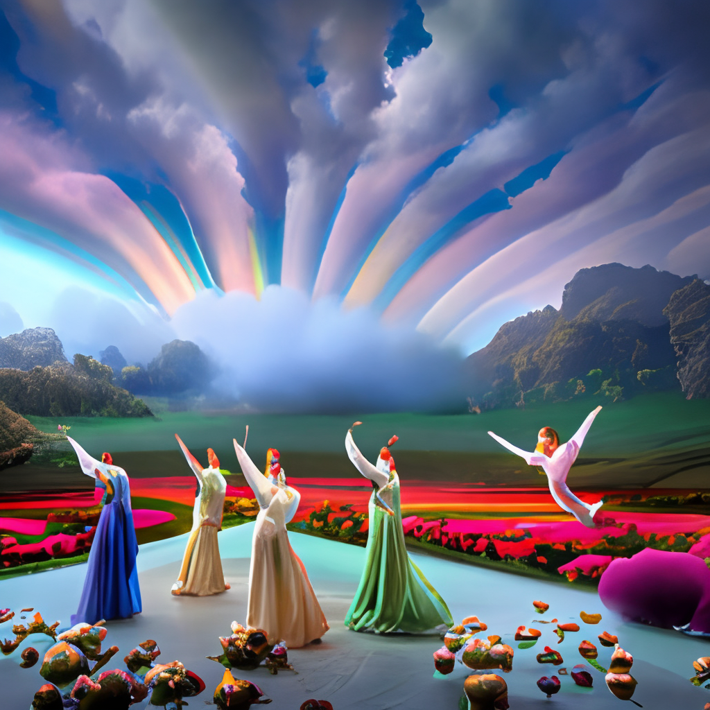a group of Bollywood dancers performing in a surreal, dreamlike landscape with floating flowers and a rainbow-colored sky
