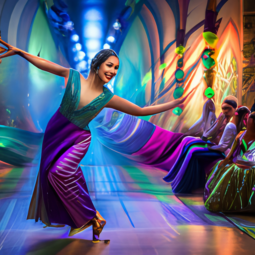 a beautiful Bollywood actress performing a graceful dance move in a vibrant, colorful setting with a peacock feather in her hair