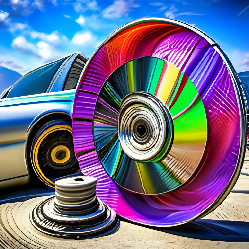 colorful cd rotating in an sports car wheel