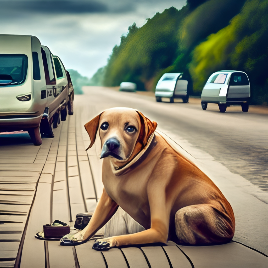 sad dog abandoned by its owners in the middle of the road