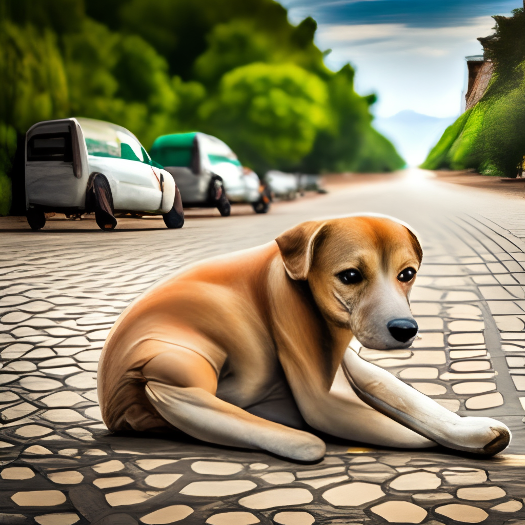 sad dog abandoned by its owners in the middle of the road