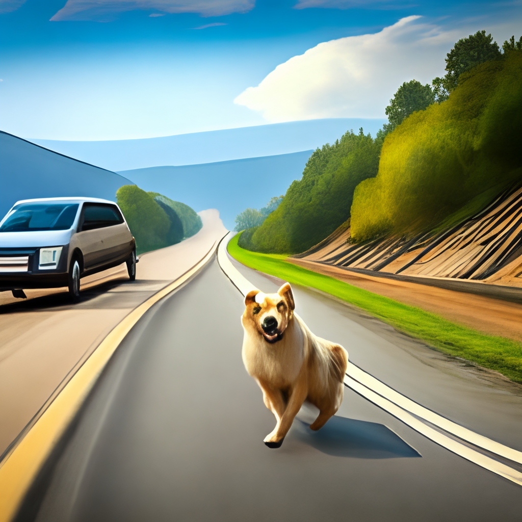 dog chasing a car on the road