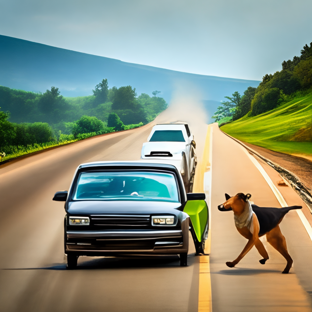 dog chasing a car on the road