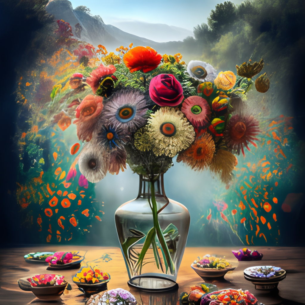 Highly detailed beautiful painting of mixed wild flowers in a glass vase, centered and fully in frame, trending on artstation, sharp focus, studio photo, intricate details, highly detailed, greg rutkowski, Raymond swanley, afremov, dan mumford, 