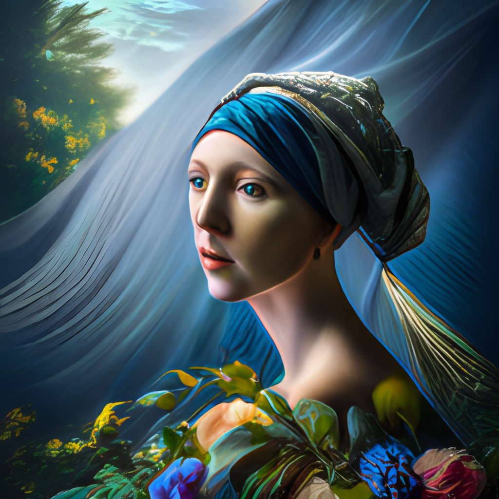  Original girl with the pearl earring made of flowers and vines painting by Android Jones and Jason Botkinand Tamara de Lempicka