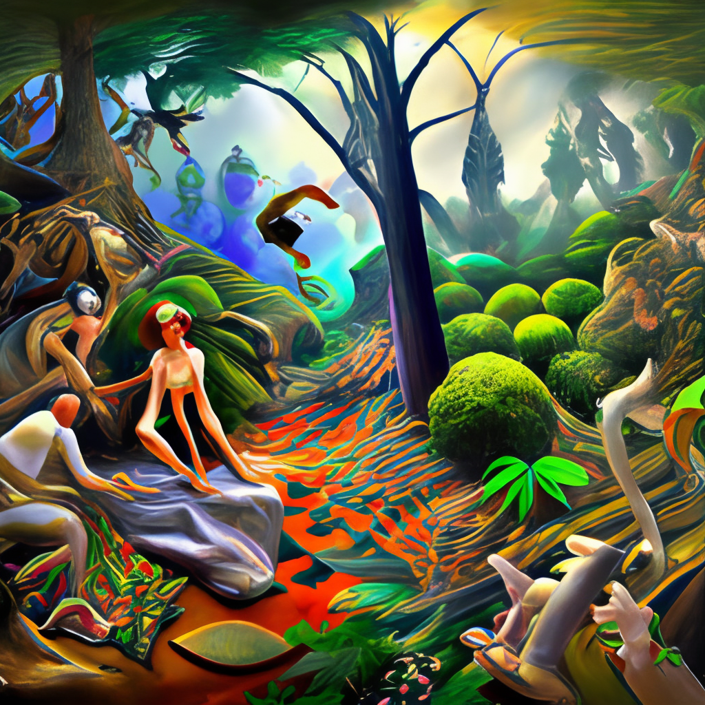 Whimsical magical forest, trees and magic animals and pixies hyperdetailed intricately detailed masterpiece elaborate mysterious landscape By tamara de lempicka"