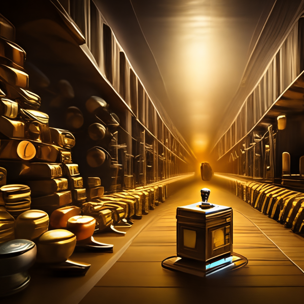 Gold Treasure Room Full of Dollars and Gold - Cinematic Lighting - Award-Winning Photography - Masterpiece. add a shining light in the distance and a rain of dollars