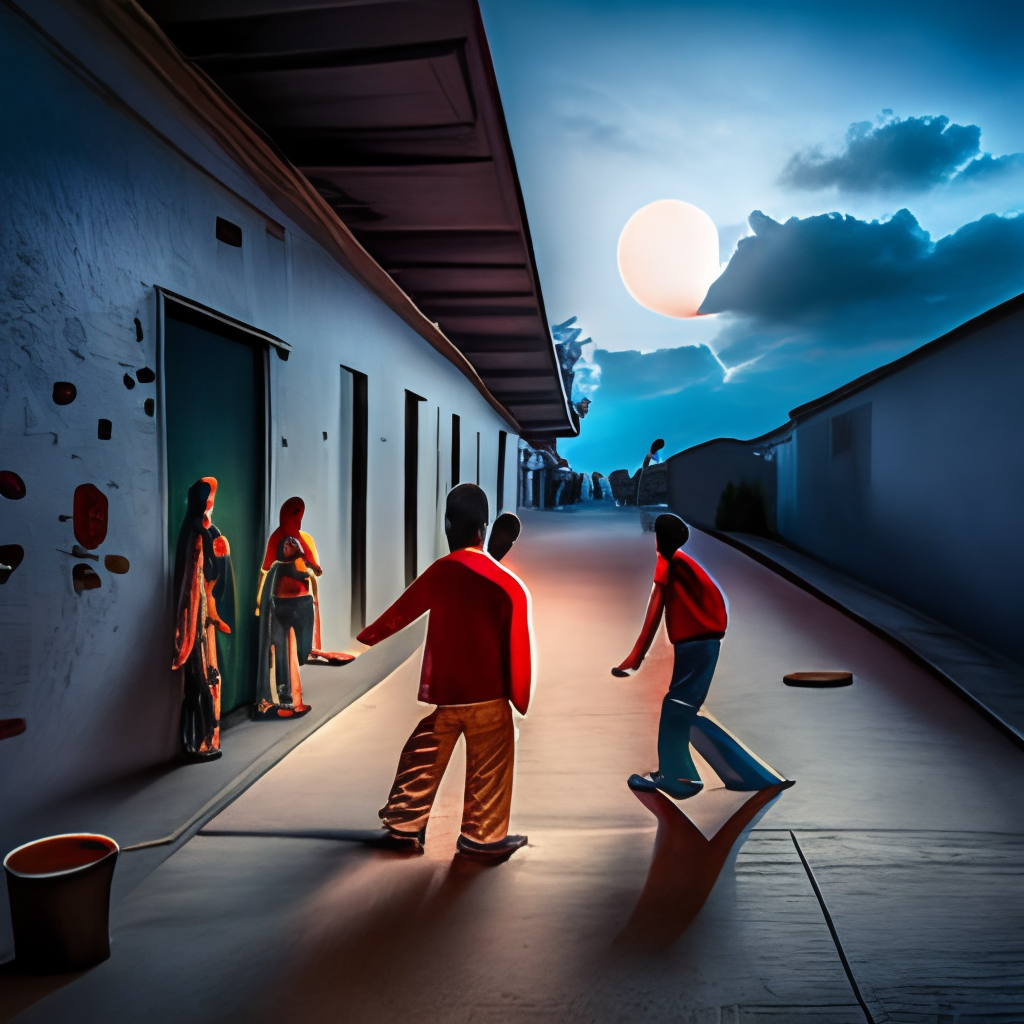 demonios y diablillos riendo y bailando entre las sombras, en la esquina de una habitación juvenil, iluminada por la luna azul, rodeados de niebla roja