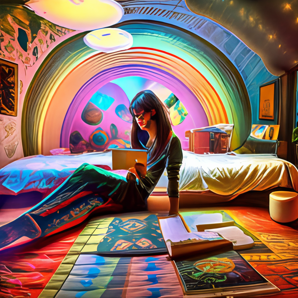 rocker goth teen girl with black lace boots laying on her stomach on the floor, writing on a journal.  1970s colorful psychedelic bedroom. Trippy. Mucha.