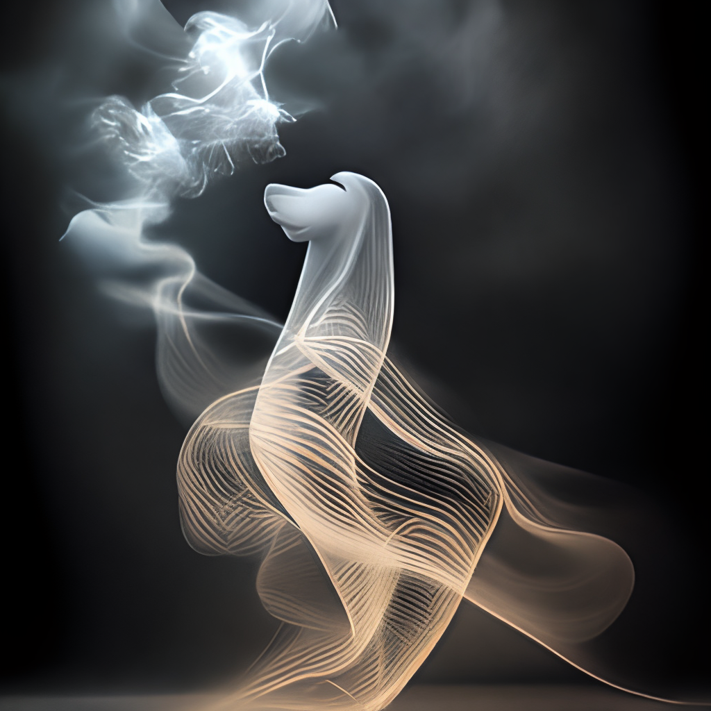 holding a puppy, full form angle, depth data, by kazuki takamatsu, monochromatic, ghostly, fractal, smoke, art nouveau, ultra detailed