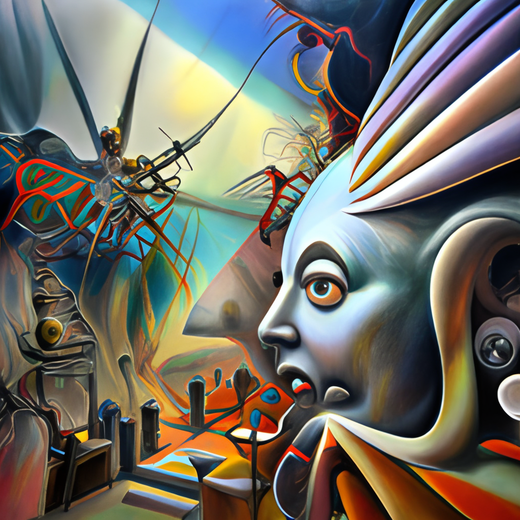 Oil painting by Roberto Matta. Strange mechanical beings Close-up portrait by Takashi Murakami. Yves Tanguy. Dali.