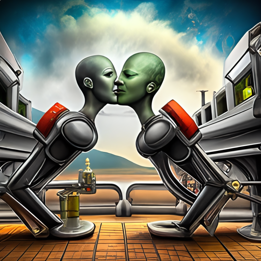 Strange mechanical beings kissing