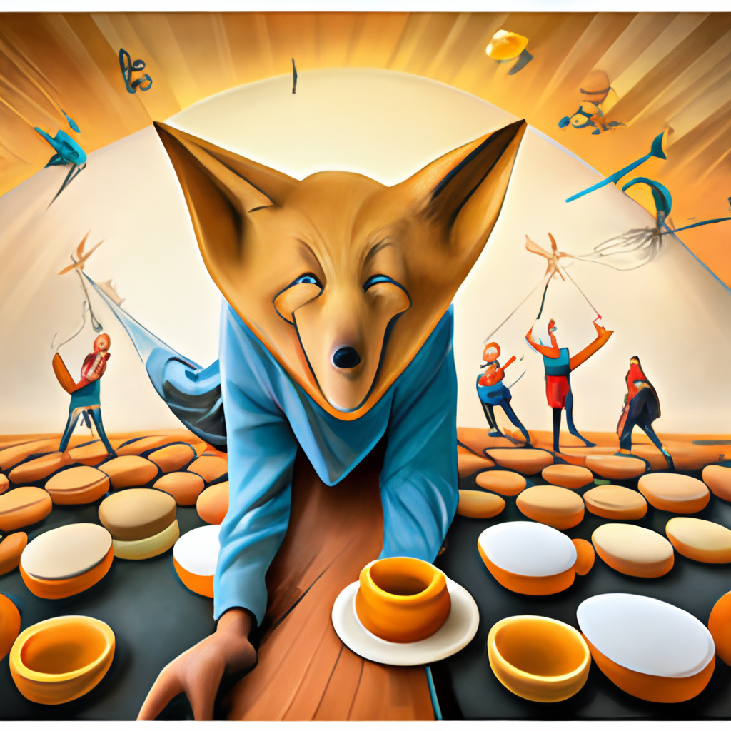 

A N E P I C S T O R Y L I K E N O O T H E R !

Fox Trick is a delightful tale of a sly fox's clever plan to satisfy his hunger. It's
sure to delight children and families alike with its charming art and captivating
story. With themes of cleverness, friendship, and kindness, Fox Trick is a
heartwarming story that will capture any reader's imagination and leave them

with a warm feeling in their heart.

FOX TRICK
Once upon a time, there lived a sly fox who wanted nothing more than to
satisfy his insatiable appetite. He had heard the stories of chickens being
plucked and fried and thought, "What a wonderful way to end my hunger
pangs!" He slyly hatched a plan to get one of the chickens to eat him.
The fox tracked down a lone chicken, scurrying around the barnyard. He
approached her with a mask of kindness, asking her if she would like to eat a
particularly juicy worm he had found. The chicken eagerly accepted and licked
her lips in anticipation.
The fox smiled to himself as he pretended to look for the worm. He carefully
maneuvered his body around the chicken and buried himself in the grass so
that only his head was visible. When the chicken saw the fox's head, she
believed he was the worm and eagerly took a bite.
At first, the fox was filled with terror. However, his terror quickly turned to
delight as he realized the chicken was actually eating him! He savored the
feeling of the chicken's beak pecking away at his fur and was grateful to have
finally gotten a meal.
The fox was so pleased that he never tried to trick any other chickens into
eating him again. He was content to live out the rest of his life in the barnyard
and wander the countryside in peace.

THE END
