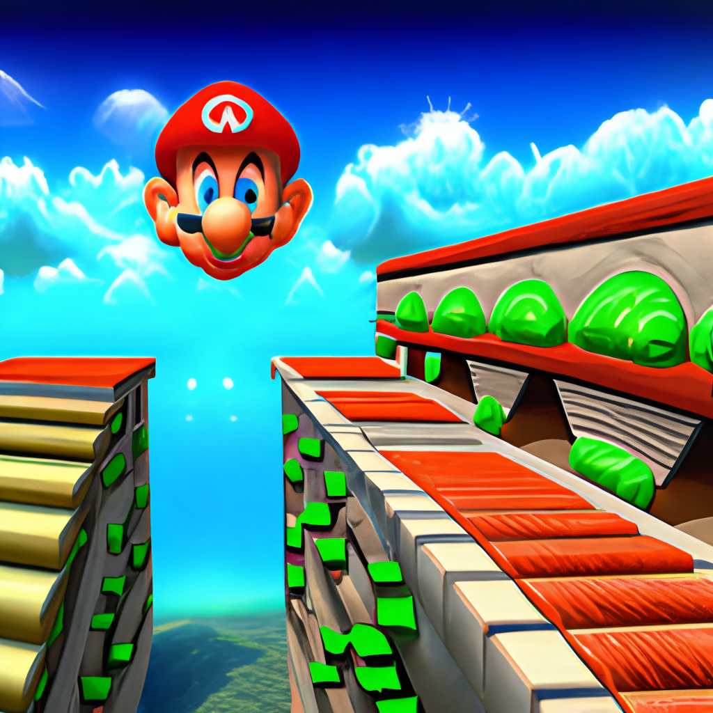mario bros happy face and jump 3d style in our world 1985
