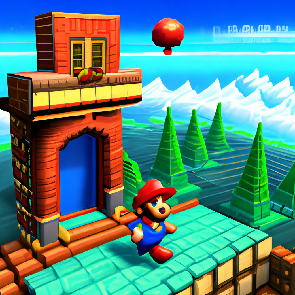 mario bros 3d style, full body,  happy face and jump in our world 1985

