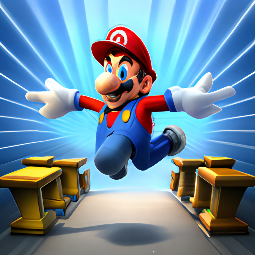 mario bros 3d style, 3/4 view, full body, happy face and jump
