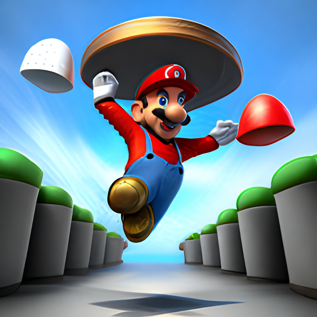 mario bros 3d style, 3/4 view, full body, happy face and jump
