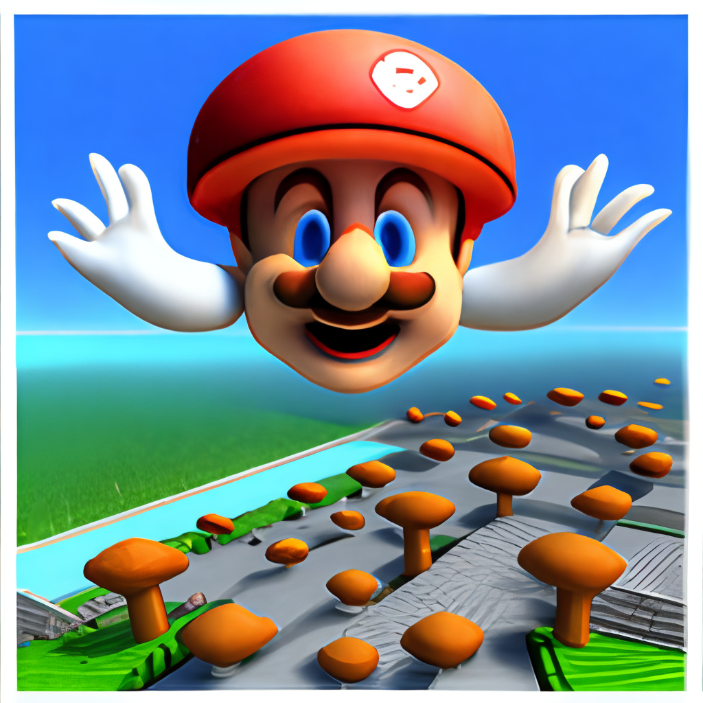mario bros 3d style, 3/4 view, full body, happy face and jump, world 1-1, mushrooms
