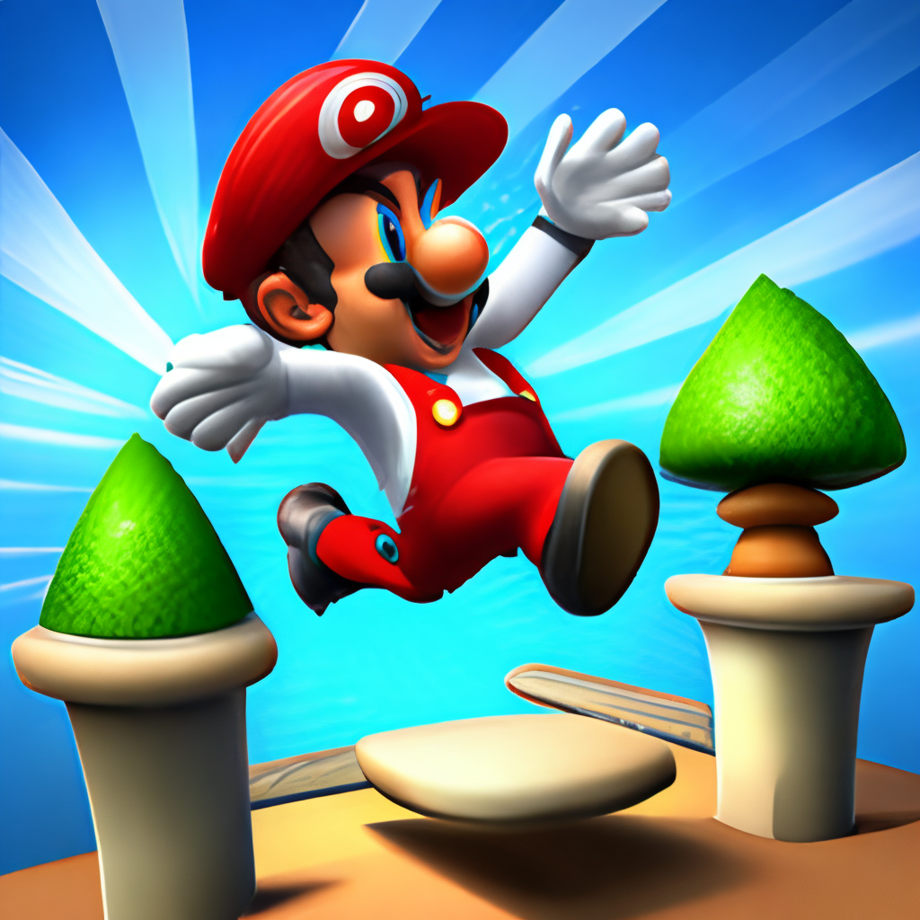 mario bros 3d style, 3/4 view, full body, happy face and jump, world 1-1, mushrooms red and white textues
