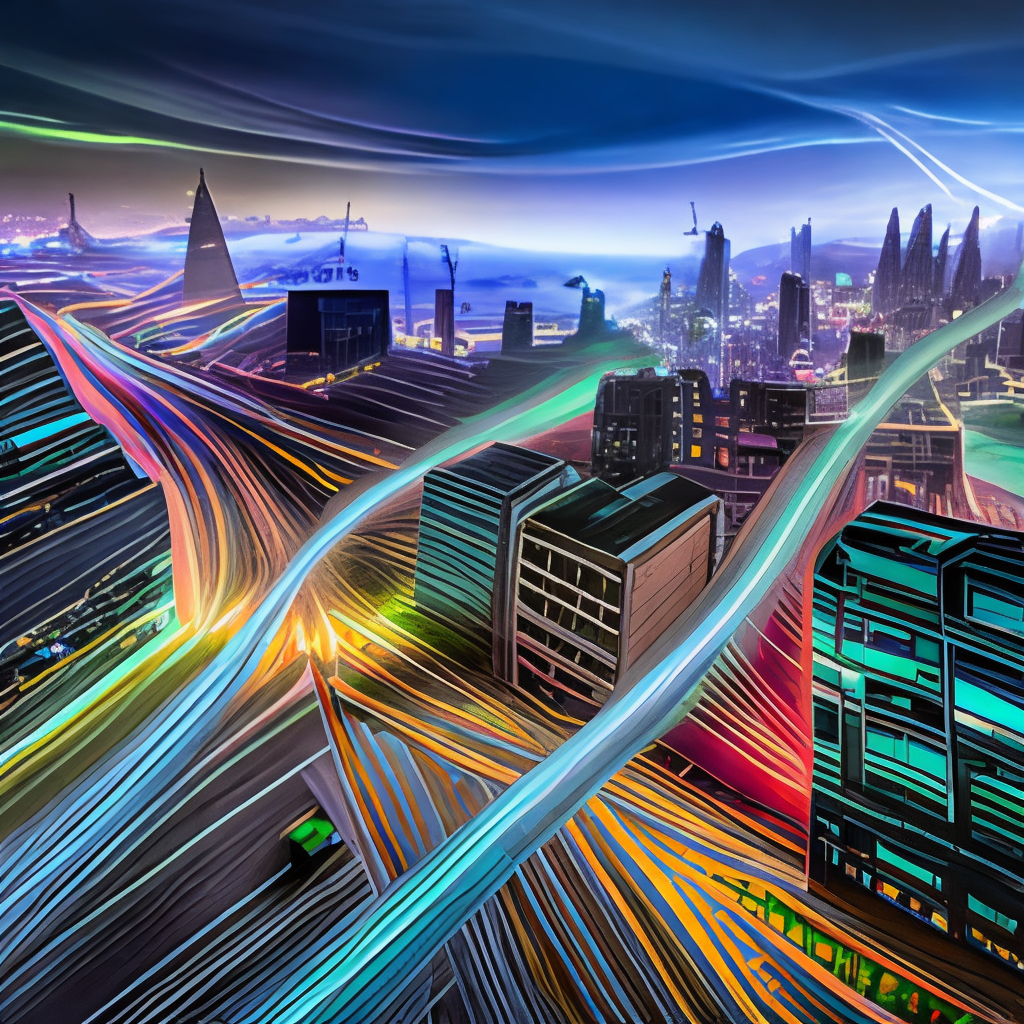 **A detailed image of fiber optic cables connecting Hong Kong and Shenzhen, illustrating a warp effect representing the rapid exchange of information between the two cities during twilight, taken with a high-resolution camera, using a wide-angle lens with cinematic lighting --v 5 --ar 16:9** - Image #1 <@388001884239036436>