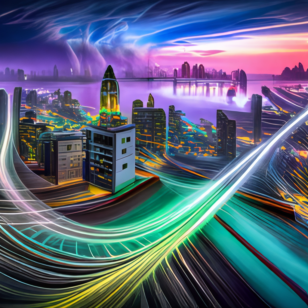 **A detailed image of fiber optic cables connecting Hong Kong and Shenzhen, illustrating a warp effect representing the rapid exchange of information between the two cities during twilight, taken with a high-resolution camera, using a wide-angle lens with cinematic lighting --v 5 --ar 16:9** - Image #1 <@388001884239036436>