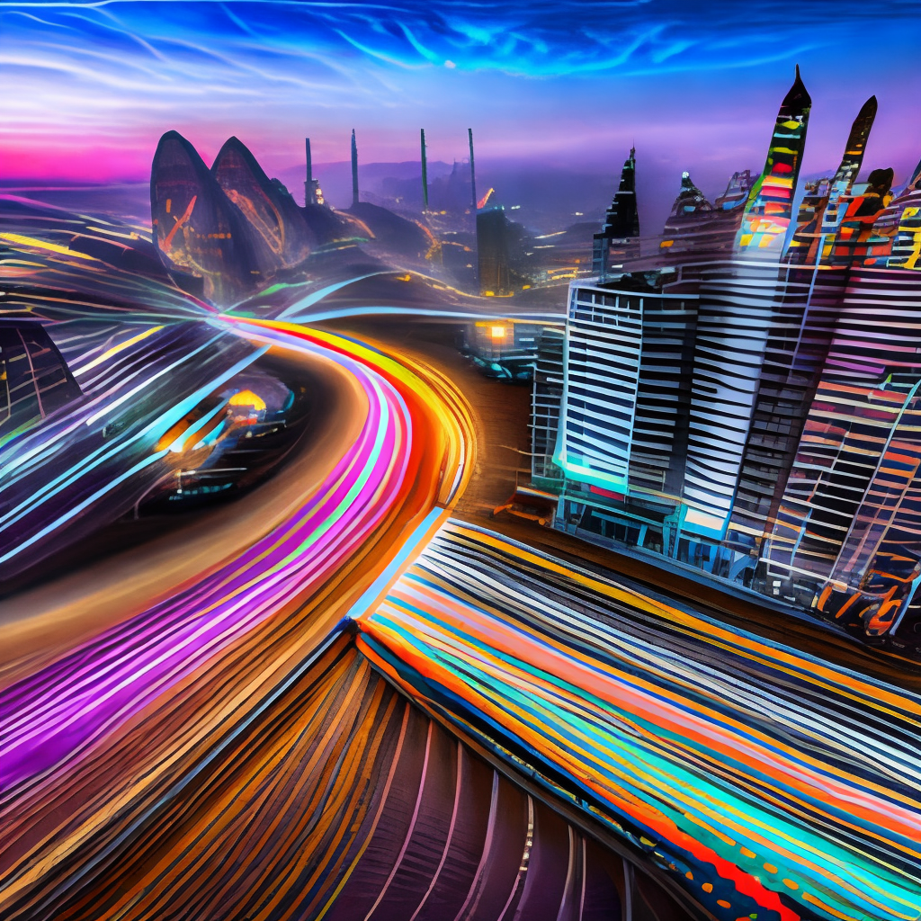 **A detailed image of fiber optic cables connecting Hong Kong and Shenzhen, illustrating a warp effect representing the rapid exchange of information between the two cities during twilight, taken with a high-resolution camera, using a wide-angle lens with cinematic lighting --v 5 --ar 16:9** - Image #1 <@388001884239036436>