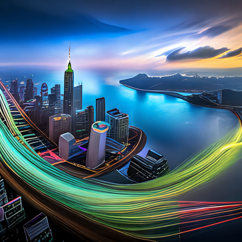 **A detailed image of fiber optic cables connecting Hong Kong and Shenzhen, illustrating a warp effect representing the rapid exchange of information between the two cities during twilight, taken with a high-resolution camera, using a wide-angle lens with cinematic lighting --v 5 --ar 16:9** - Image #1 <@388001884239036436>