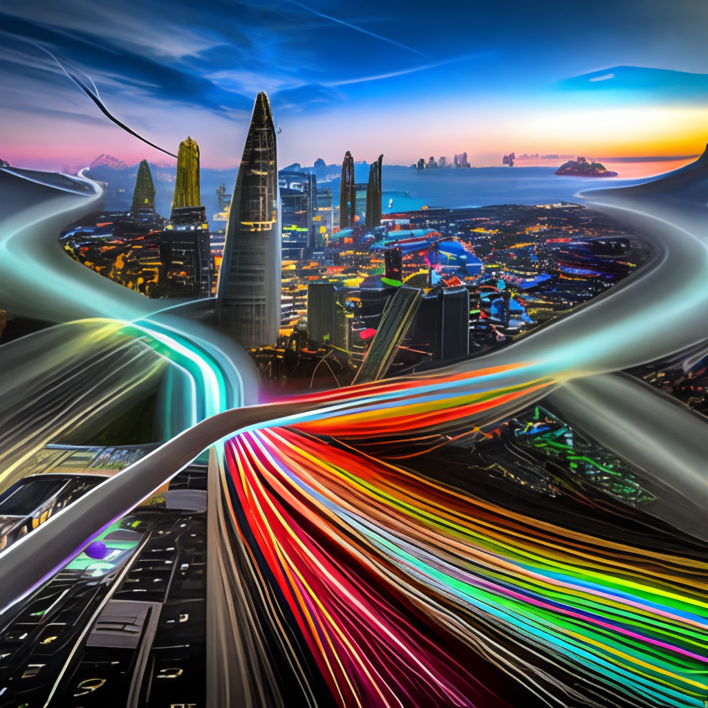 **A detailed image of fiber optic cables connecting Hong Kong and Shenzhen, illustrating a warp effect representing the rapid exchange of information between the two cities during twilight, taken with a high-resolution camera, using a wide-angle lens with cinematic lighting --v 5 --ar 16:9** - Image #1 <@388001884239036436>