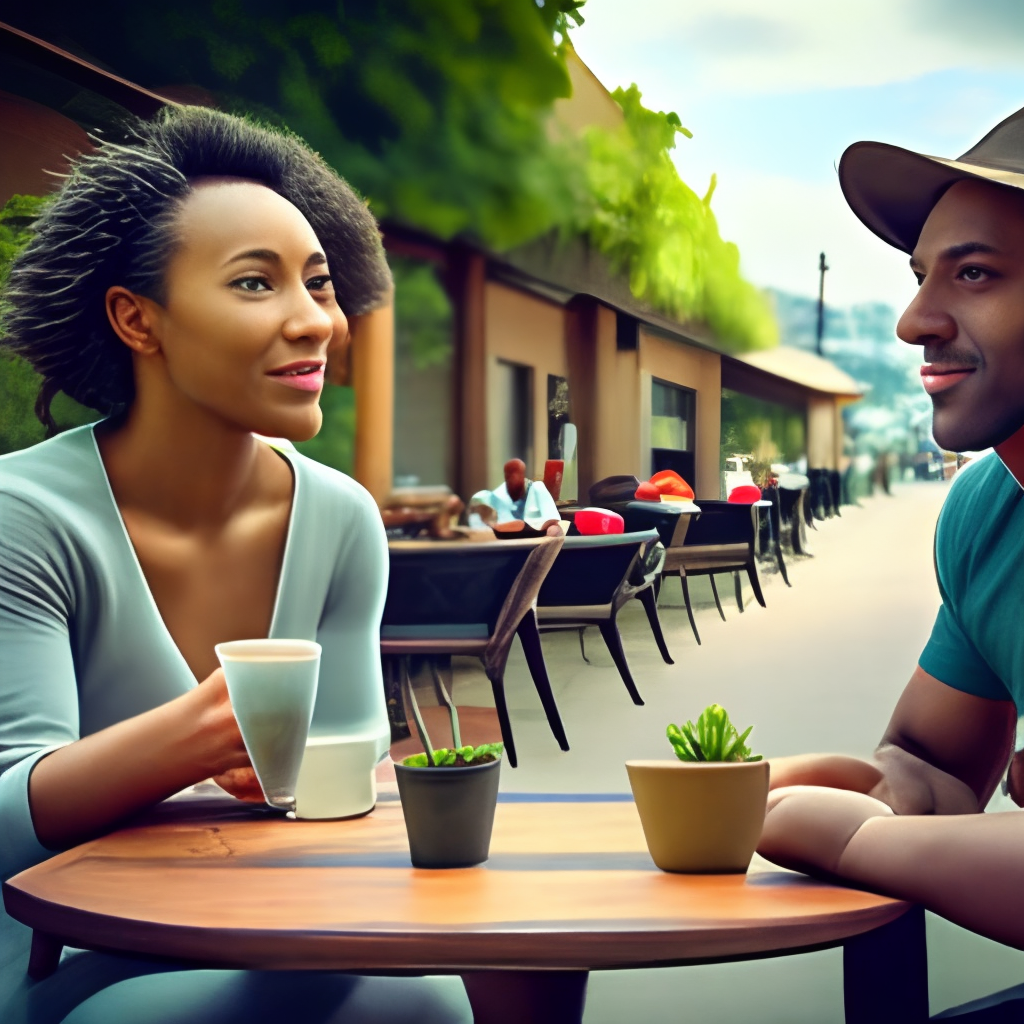 Black couple of a handsome man and a beautiful woman, sitting at a out-door cafe, drinking coffee, laughing at each other, 4k, 