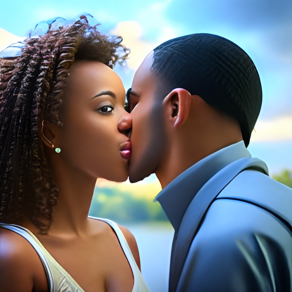 Black couple of a handsome man and a beautiful woman, kissing, 4k, beautiful faces on both