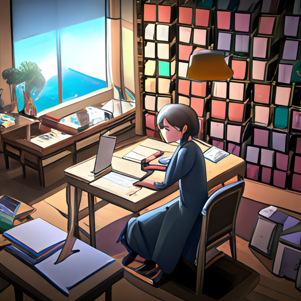 A girl sits at her desk, surrounded by books and notes as she studies in the lofi style. Her focus is on her task, but the soft background music keeps her relaxed and focused.