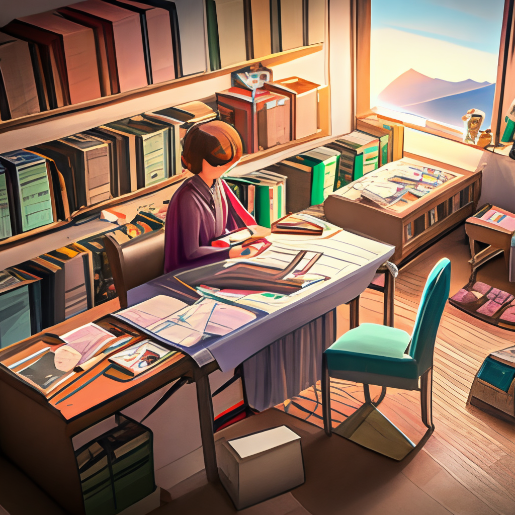 A girl sits at her desk, surrounded by books and notes as she studies in the lofi style. Her focus is on her task, but the soft background music keeps her relaxed and focused.