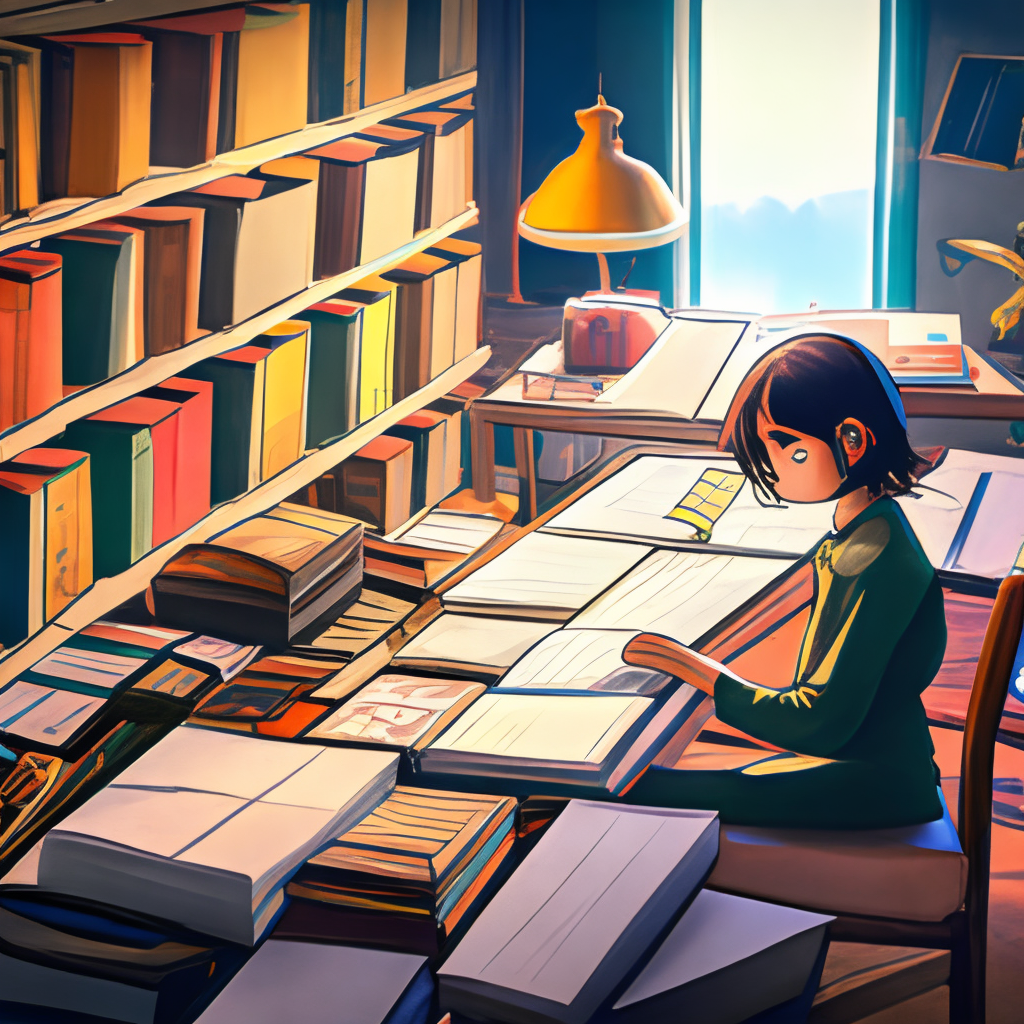 A girl sits at her desk, surrounded by books and notes as she studies in the lofi style. Her focus is on her task, but the soft background music keeps her relaxed and focused.