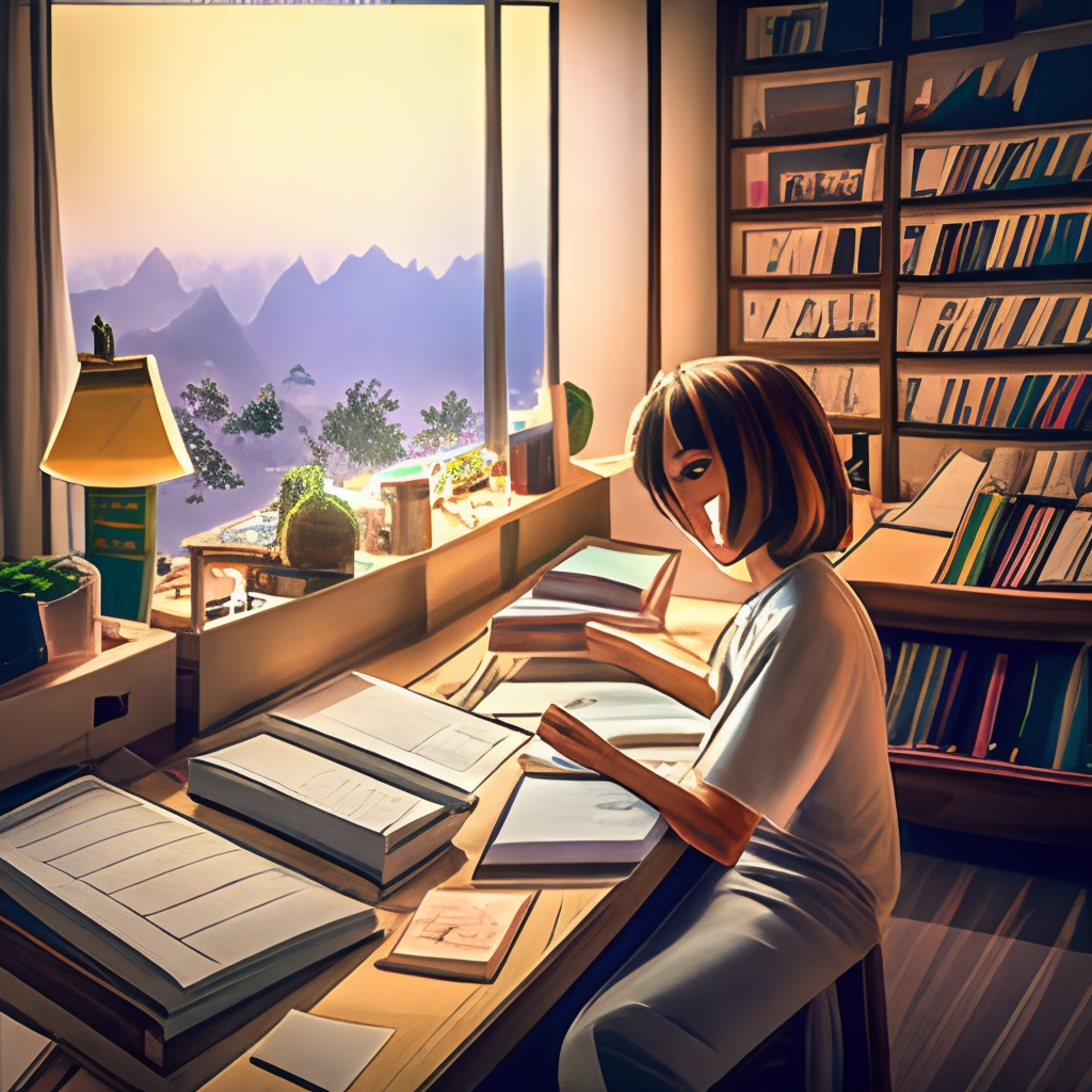 A girl sits at her desk, surrounded by books and notes as she studies in the lofi style. Her focus is on her task, but the soft background music keeps her relaxed and focused.