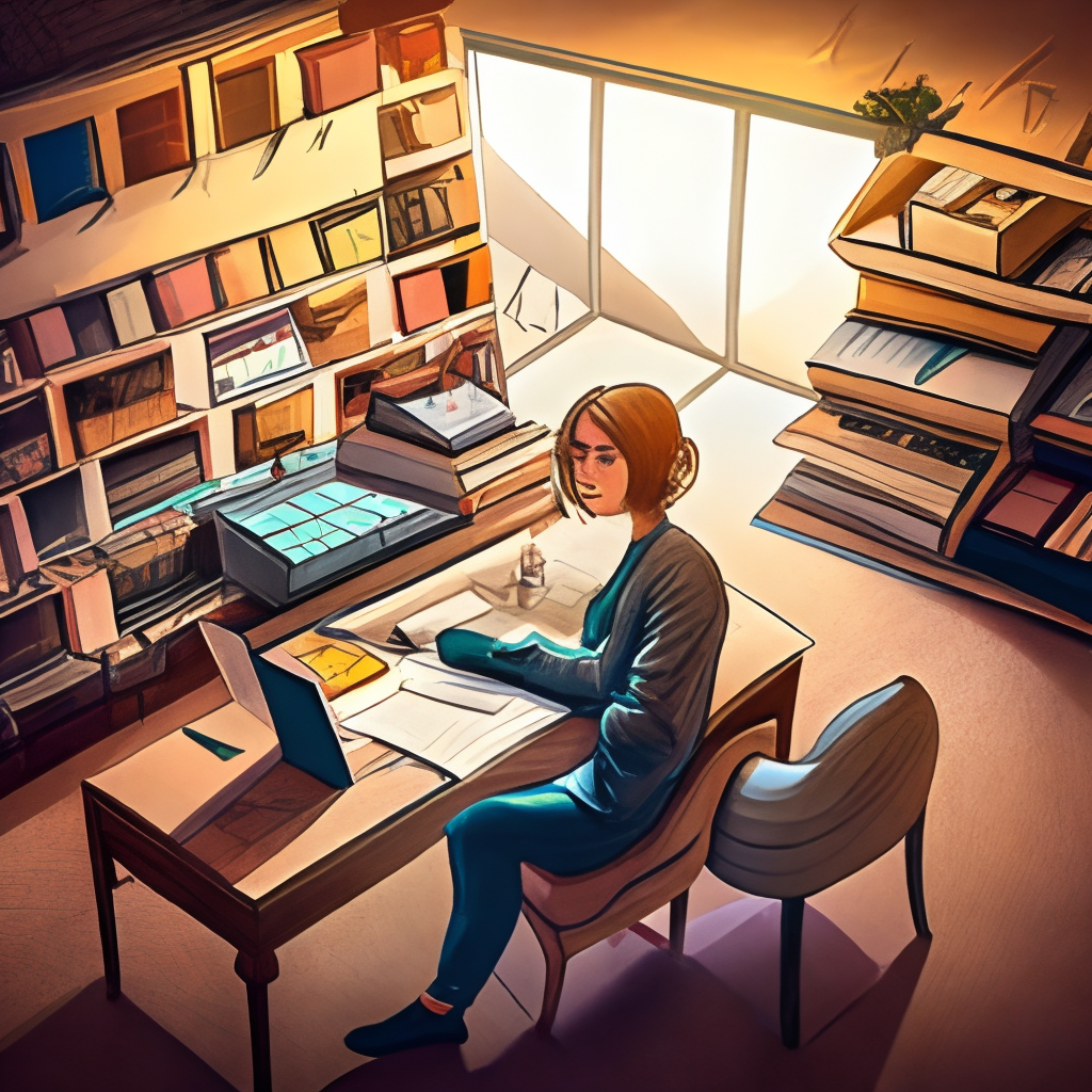 A girl sits at her desk, surrounded by books and notes as she studies in the lofi style. Her focus is on her task, but the soft background music keeps her relaxed and focused. sketching