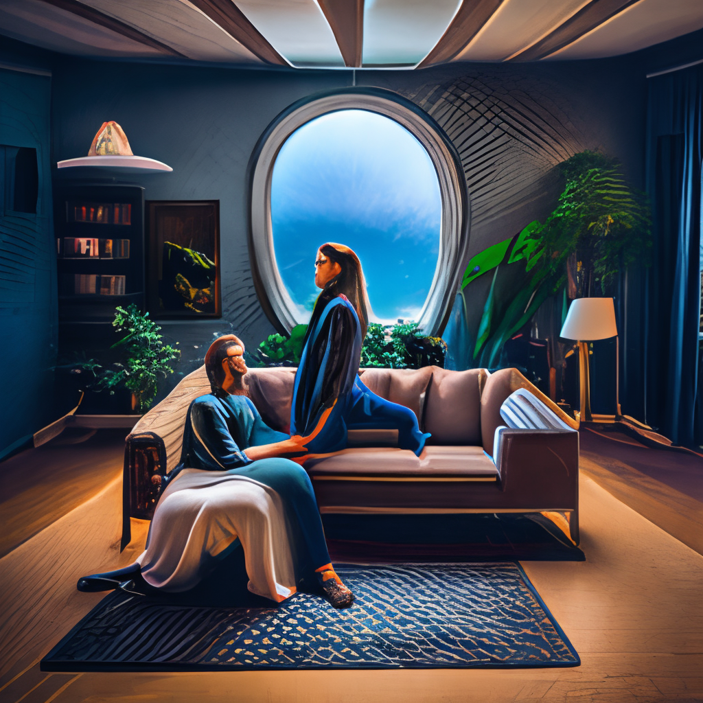 Portrait of man and woman feeling love in the living room of a house, floating dark energy surrounds them. There is one plant to the side of the room, surrounded by a background of dark cyber mystic alchemical transmutation