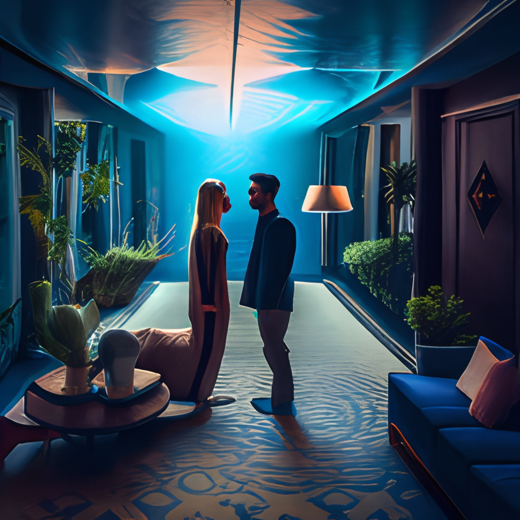 Portrait of man and woman feeling love in the living room of a house, floating dark energy surrounds them. There is one plant to the side of the room, surrounded by a background of dark cyber mystic alchemical transmutation